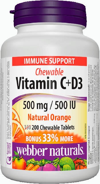 Vitamín C + D3, cmúľajúci Webber Naturals | výživový doplnok | vitamín
